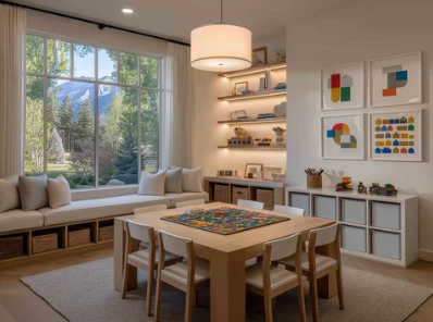 Labeled toy bins and shelves in a playroom